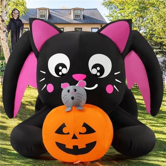 5 FT Halloween Inflatables Cat Blow Up Yard Pumpkin with Built-in LEDs